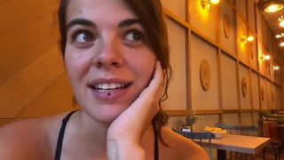 Brunette with lip piercing restaurant tease xxx porn clip